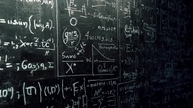Chalk Covered Blackboard Filled with Complex Physics Equations and Diagrams in Classroom