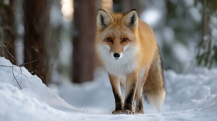 Obraz premium A fox standing in the snow in a forest looking directly at the camera with a curious expression