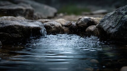 Fototapeta premium Gentle stream cascades over rough rocks into a clear bubbling pool capturing water movement