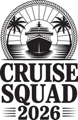 Cruise Squad 2026: A nautical illustration with a cruise ship sails towards the sun with two palm trees, epitomizing the spirit of travel and exploration.