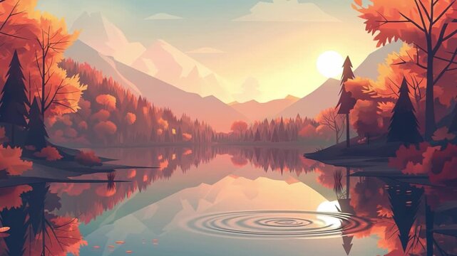 Serene animated autumn landscape with lake and mountains