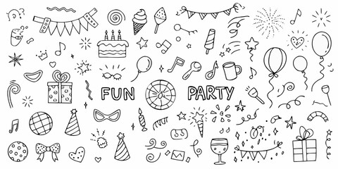 Collection of hand drawn doodle elements for birthday party celebration and fun events