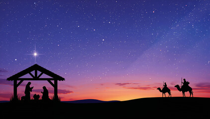 Christmas Nativity scene with the holy family and the three wise men