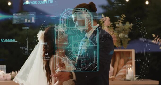 Wedding tech overlay scanning and functioning over couple tracking dance steps under lights