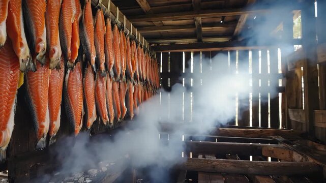 How salmon is smoked in a traditional process at a local shop
