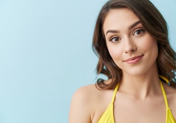 Cheerful Young Woman in Yellow Bikini – Minimal Studio Headshot on Blue Background