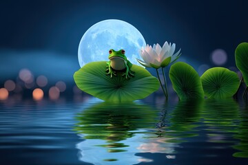 Green Frog on Lily Pad Under Full Moon Night
