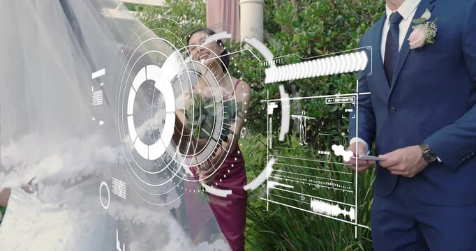 Groom retrieving vow card and passing to bride, couple exchanging wedding vows beneath pergola