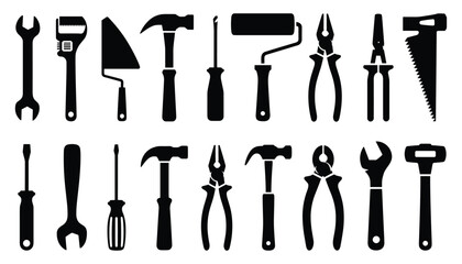 Collection of assorted tools and instruments for repair and construction, black silhouette