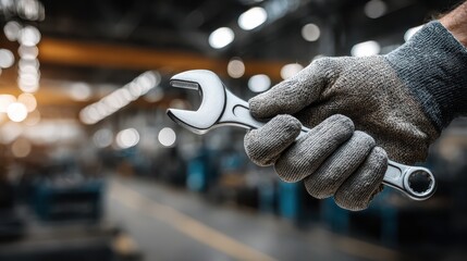 Close-Up of a Hand Holding a Wrench in a Workshop Environment with Soft Focus Background of Industrial Equipment and Tools