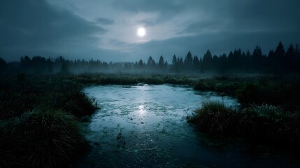 Moonlit wetland scene with mist dark forest and tranquil water under a moody sky