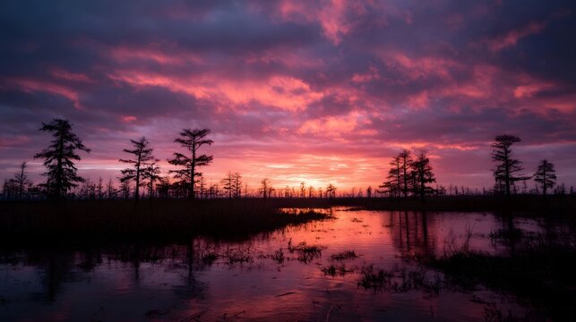 Vibrant sunset over a marsh with silhouetted cypress trees and reflections in the water
