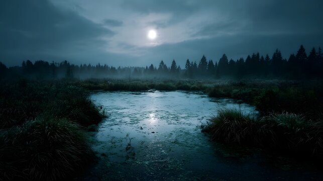 Moonlit wetland scene with mist dark forest and tranquil water under a moody sky - Powered by Adobe
