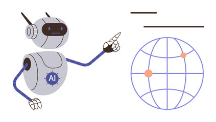 AI-powered robot reaching towards a digital globe with marked data points, symbolizing innovation, technology, automation, connectivity, global reach, data visualization, and education. Represents