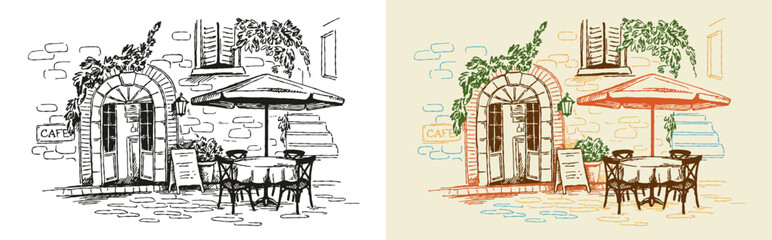 City cafe in old town. Color and black and white sketch of cozy cafe table under umbrella on street of old Italian or European city. Hand drawn doodle vector illustration © Aleksey