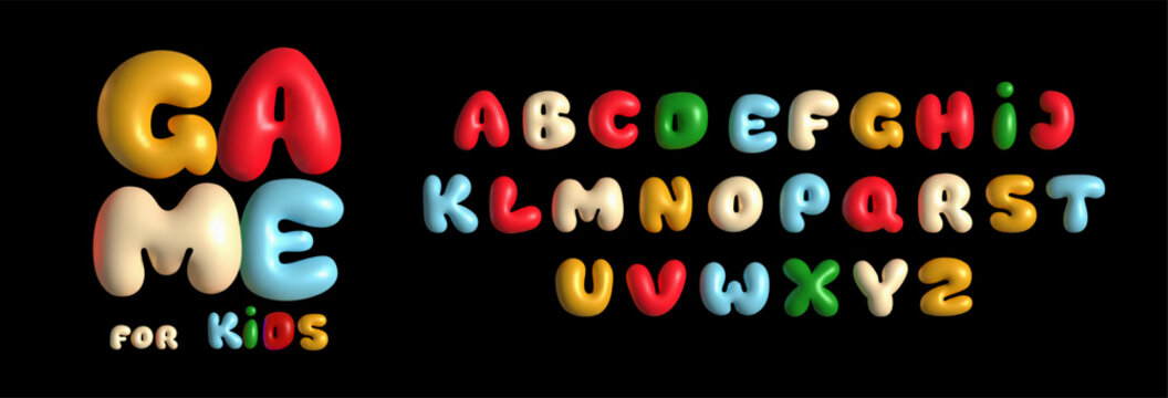 Playful plasticine alphabet font. Chewing gum letters, joyful bubble typography for kids logos. Funky cartoon typeface for birthday invitations. 3D vector illustration collection