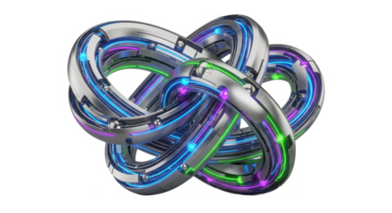 Abstract metallic knot with colorful glowing lights intertwined representing complex connections and futuristic technology isolated on transparent background