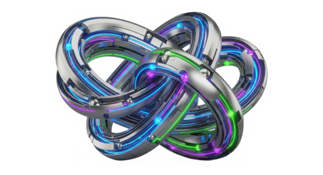 Abstract metallic knot with colorful glowing lights intertwined representing complex connections and futuristic technology isolated on transparent background