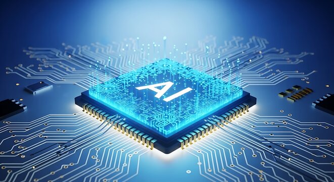 Illuminated AI processor chip with the letters AI on a detailed circuit board with radiating lines