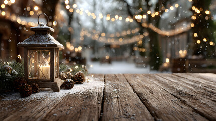 Fototapeta premium Weihnachten Holz und Schnee Hintergrund, verziert mit einer Laterne und Weihnachtsdeko