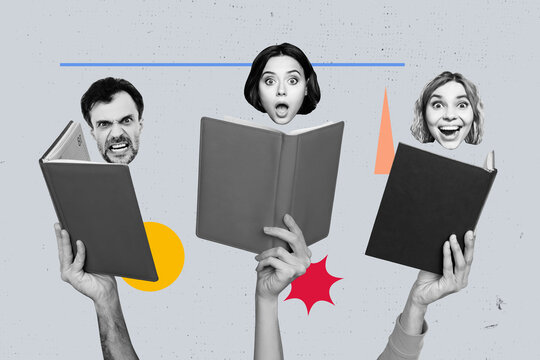 Full banner image 3d collage of shocked angry happy girls man head face expression peek bodyless book encyclopedia reader hand