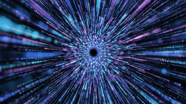 Vibrant digital abstract design showcases burst of colorful lines radiating outward, creating mesmerizing sense of depth and movement in shades of blue and purple, evoking energy and dynamism