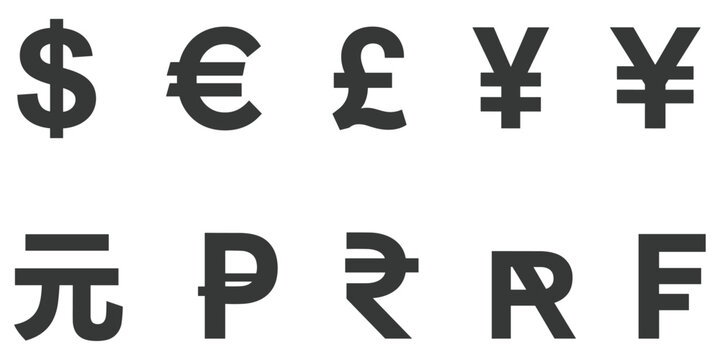 Collection of global currency symbols dollar euro pound yen yuan peso rupee rand franc flat design vector