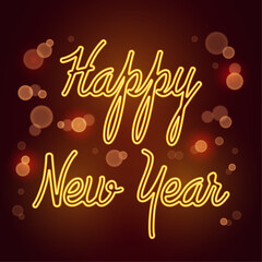 Happy New Year! Bright vector illustration using neon and bokeh effects.