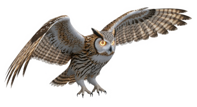 Majestic great horned owl in mid flight with wings spread wide showing detailed feathers isolated on transparent background
