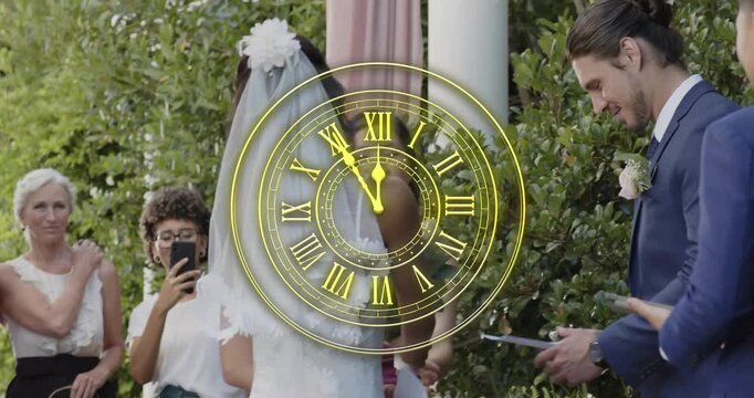 Groom reaching into pocket and reading vows at wedding ceremony with golden clock overlay ticking
