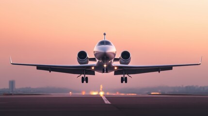 Private jet landing at sunset on runway