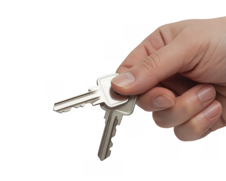 Hand holding silver keys isolated on a transparent background