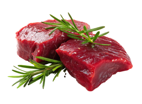 Two raw, beef steaks, slightly overlapping, are presented against a black background. Fresh sprigs of rosemary are placed atop the steaks
