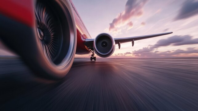 Airplane landing gear on tarmac at sunset