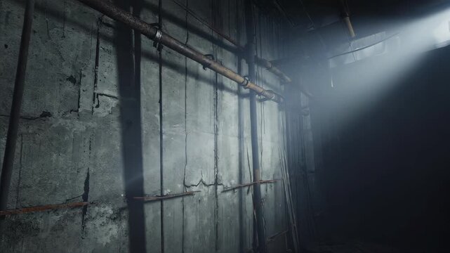 dark industrial concrete wall, single spotlight, grunge atmosphere, abandoned warehouse mood, cinematic lighting, dystopian background