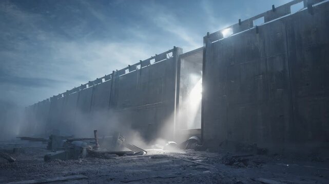 dark industrial concrete wall, single spotlight, grunge atmosphere, abandoned warehouse mood, cinematic lighting, dystopian background