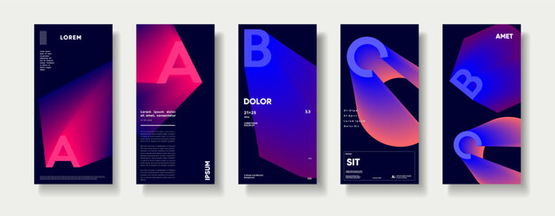 large letters and geometric shapes, A set of five modern abstract posters featuring vibrant gradient shapes. Each design incorporates minimalist typography and geometric elements