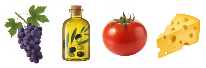 Grapes oil tomato cheese isolated on a transparent background