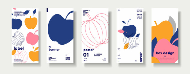 A set of five modern and colorful abstract posters featuring apple motifs . Each design incorporates minimalist typography and geometric elements
