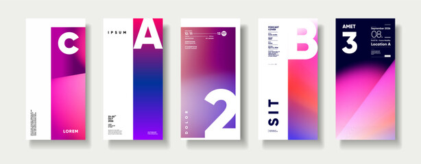 A set of five modern, abstract posters featuring bold typography and vibrant gradient backgrounds. Each design incorporates minimalist typography and geometric elements