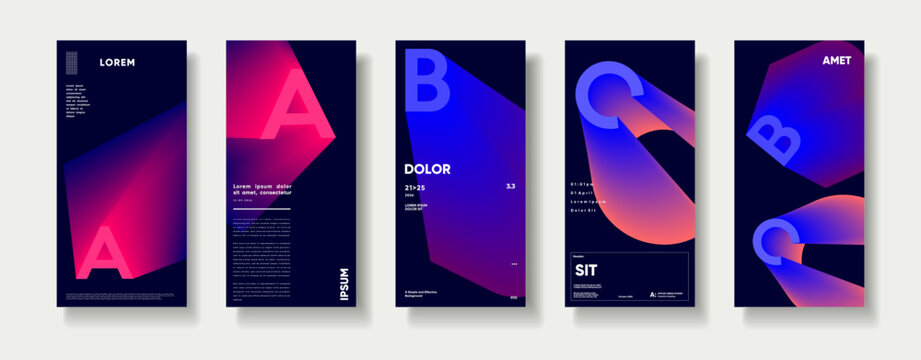 large letters and geometric shapes, A set of five modern abstract posters featuring vibrant gradient shapes. Each design incorporates minimalist typography and geometric elements