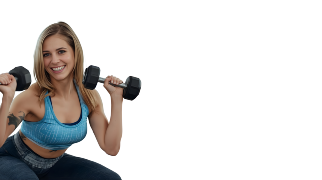 Happy Young Woman Training with Dumbbells Indoors