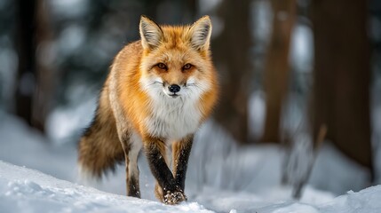 Fototapeta premium A red fox walking through the snow covered ground with trees in the background during the winter season