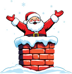 Santa Claus in chimney silhouette — black and white illustration of cheerful Santa with snowflakes, bricks, and winter joy