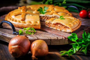 Savory tart with tuna and veggies,  traditional spanish empanada
