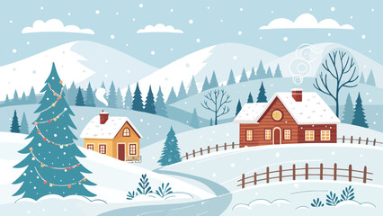 Cute Snowy Village Christmas Background in Flat Vector Style