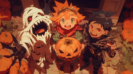 Three cartoon characters halloween costumes anime style Illustration vector