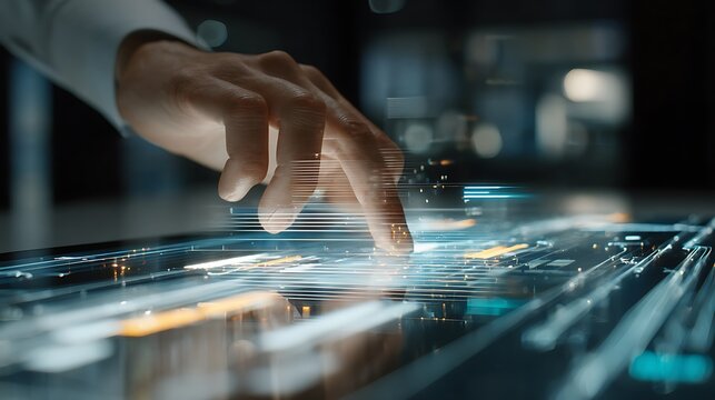 Minute-By-Minute Transaction Visualization Glowing Across Digital Banking Dashboard Analysts Interacting With Floating 3D Panels, Light Trails Connecting Payments, Cinematic Office Lighting, Ult