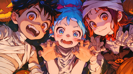 Three anime characters halloween costumes, mummy, vampire, pumpkin. boo