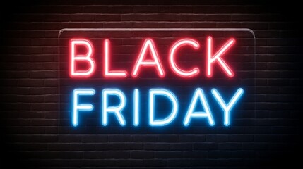 Black Friday neon sign with red and blue light in glass frame on brick wall
